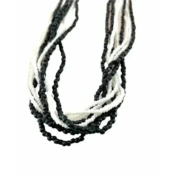 Cluster Layered Black and White Tiny Seed Bead Multi Strand Necklace 17" Long - Picture 2 of 11